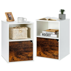 Set of 2 Nightstands with Open Shelf and Cabinet Door, White