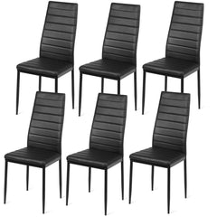 Set of 6 High Back Dining Chairs, Black Ribbed Faux Leather with Steel Legs