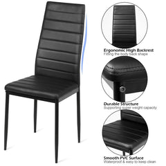 Set of 6 High Back Dining Chairs, Black Ribbed Faux Leather with Steel Legs