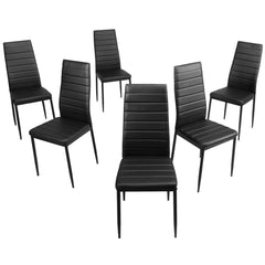 Set of 6 High Back Dining Chairs, Black Ribbed Faux Leather with Steel Legs