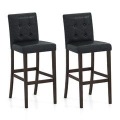 Set of 2 Tufted Bar Height Stools in Black PVC with Wood Legs, 30.5 Inch Seat