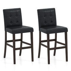 Set of 2 Tufted Counter Stools in Black PVC with Solid Wood Legs, 26 Inch Seat