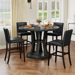 Set of 2 Tufted Counter Stools in Black PVC with Solid Wood Legs, 26 Inch Seat