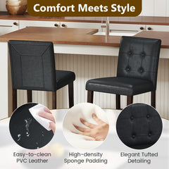 Set of 2 Tufted Counter Stools in Black PVC with Solid Wood Legs, 26 Inch Seat