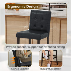 Set of 2 Tufted Counter Stools in Black PVC with Solid Wood Legs, 26 Inch Seat