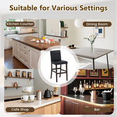 Set of 2 Tufted Counter Stools in Black PVC with Solid Wood Legs, 26 Inch Seat