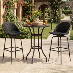 Set of 2 Rattan Swivel Barstools with Curved Back-Black