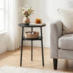 Round Side Table with Storage Shelf & Metal Frame for Living Room-Black