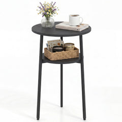 Round Side Table with Storage Shelf & Metal Frame for Living Room-Black