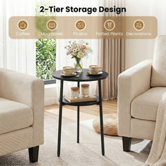 Round Side Table with Storage Shelf & Metal Frame for Living Room-Black