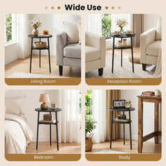 Round Side Table with Storage Shelf & Metal Frame for Living Room-Black