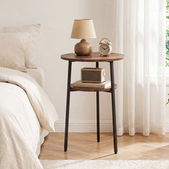 Round Side Table with Storage Shelf & Metal Frame for Living Room-Rustic Brown