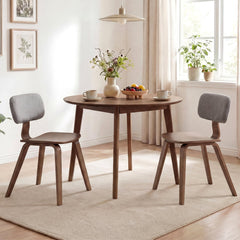 Set of 2 Walnut Rubber Wood Dining Chairs with Grey Teddy Velvet Backrest and Contoured Seat