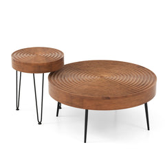 Set of 2 Round Farmhouse Coffee Tables, Solid Pine Ring Pattern Tops, Brown
