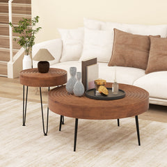 Set of 2 Round Farmhouse Coffee Tables, Solid Pine Ring Pattern Tops, Brown
