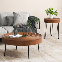 Set of 2 Round Farmhouse Coffee Tables, Solid Pine Ring Pattern Tops, Brown