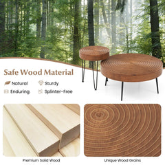 Set of 2 Round Farmhouse Coffee Tables, Solid Pine Ring Pattern Tops, Brown