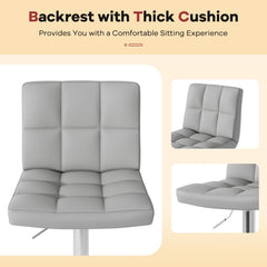 Set of 2 Square Quilted Swivel Bar Stools in Grey, 25.5 to 33.5 Inch Seat Height