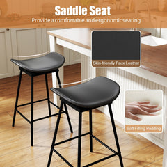 Set of 2 Backless Swivel Saddle Bar Stools in Black with Metal Frames, 28 Inch Seat