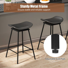Set of 2 Backless Swivel Saddle Bar Stools in Black with Metal Frames, 28 Inch Seat