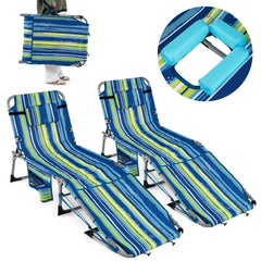 Set of 2 Folding Beach Tanning Chairs with Shoulder Straps, Blue and Green Stripe