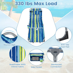 Set of 2 Folding Beach Tanning Chairs with Shoulder Straps, Blue and Green Stripe