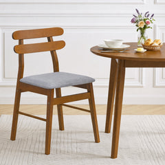 Set of 2 Walnut Dining Chairs with Twin Rail Back and Padded Grey Seat