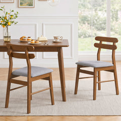 Set of 2 Walnut Dining Chairs with Twin Rail Back and Padded Grey Seat