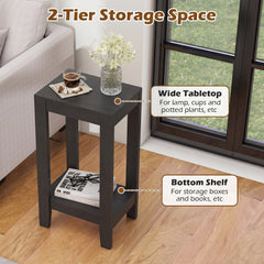 Set of 2 Tall 2 Tier End Tables with Solid Wood Legs, Black