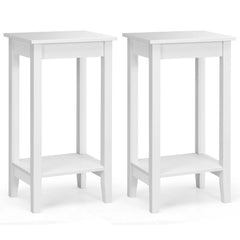 Set of 2 Tall 2 Tier End Tables with Solid Wood Legs, White