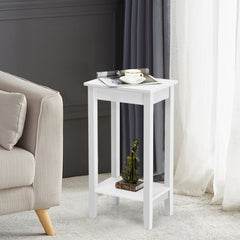 Set of 2 Tall 2 Tier End Tables with Solid Wood Legs, White