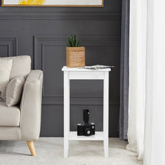 Set of 2 Tall 2 Tier End Tables with Solid Wood Legs, White