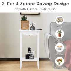 Set of 2 Tall 2 Tier End Tables with Solid Wood Legs, White