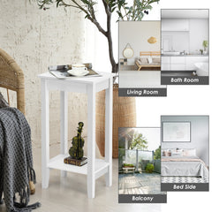 Set of 2 Tall 2 Tier End Tables with Solid Wood Legs, White