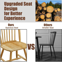 Set of 2 Windsor Spindle Back Dining Chairs, Natural Solid Rubber Wood