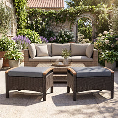 Set of 2 Wicker Patio Ottoman Fade-Resistant Foot Rest with Cushion-Gray