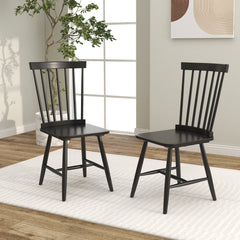 Set of 2 Windsor Dining Chairs with 20 Inch Spindle Back, Black Rubber Wood