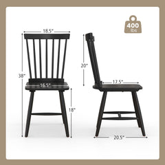 Set of 2 Windsor Dining Chairs with 20 Inch Spindle Back, Black Rubber Wood