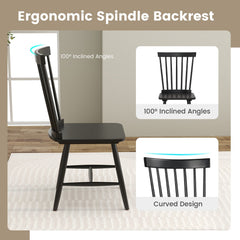Set of 2 Windsor Dining Chairs with 20 Inch Spindle Back, Black Rubber Wood