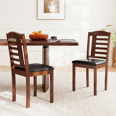 Set of 2 Ladder Back Kitchen Chairs, Oak Toned Rubber Wood with Black PU Leather Seat