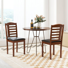 Set of 2 Ladder Back Kitchen Chairs, Oak Toned Rubber Wood with Black PU Leather Seat