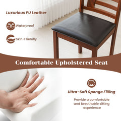 Set of 2 Ladder Back Kitchen Chairs, Oak Toned Rubber Wood with Black PU Leather Seat