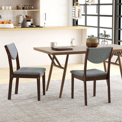 Set of 2 Kitchen Chairs with Padded Grey Linen Back and Seat, Brown Rubber Wood