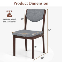 Set of 2 Kitchen Chairs with Padded Grey Linen Back and Seat, Brown Rubber Wood