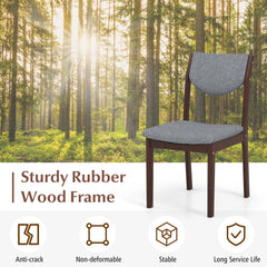 Set of 2 Kitchen Chairs with Padded Grey Linen Back and Seat, Brown Rubber Wood