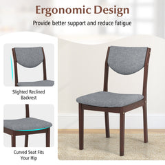 Set of 2 Kitchen Chairs with Padded Grey Linen Back and Seat, Brown Rubber Wood