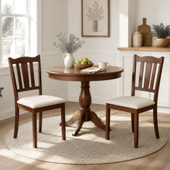 Set of 2 Walnut Wooden Dining Chairs with Hollow Back and Padded Cream Seat