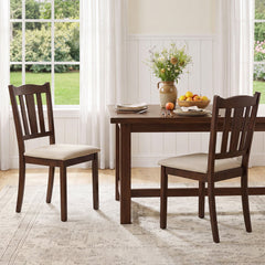 Set of 2 Walnut Wooden Dining Chairs with Hollow Back and Padded Cream Seat