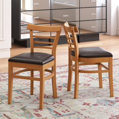 Set of 2 Low Ladder Back Dining Chairs, Natural Rubber Wood with Brown PU Leather Seat