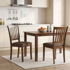 Set of 2 Walnut Slat Back Dining Chairs with Padded Taupe Linen Look Seat